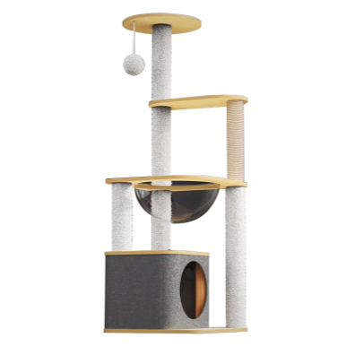 Cat tree with multiple levels, scratching posts, and a hanging ball on a white background